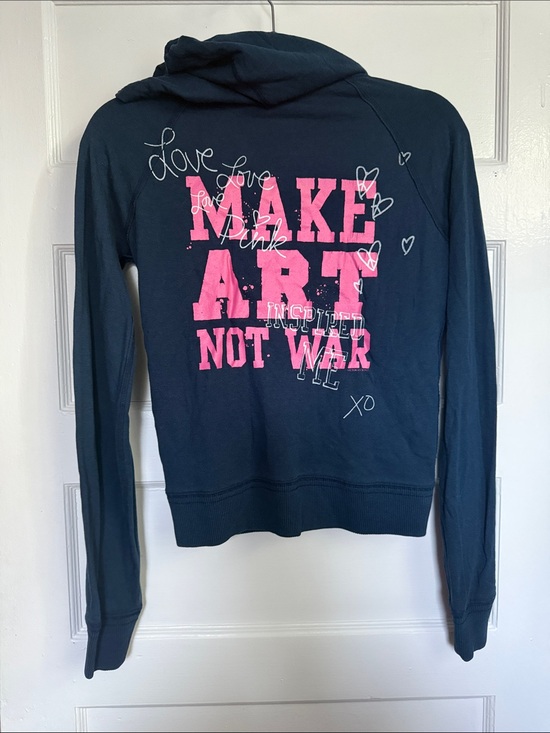 Victoria's Secret Tops - Vintage Y2K Victoria's Secret PINK Navy Hoodie with Pink MAKE ART NOT WAR Small